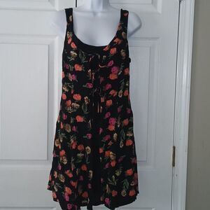 Phool hippie boho tie front floral print dress solid black back  Sz S